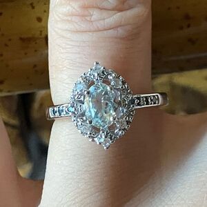Natural Aquamarine Blue Diamond Sterling Silver Ring Size 6.75